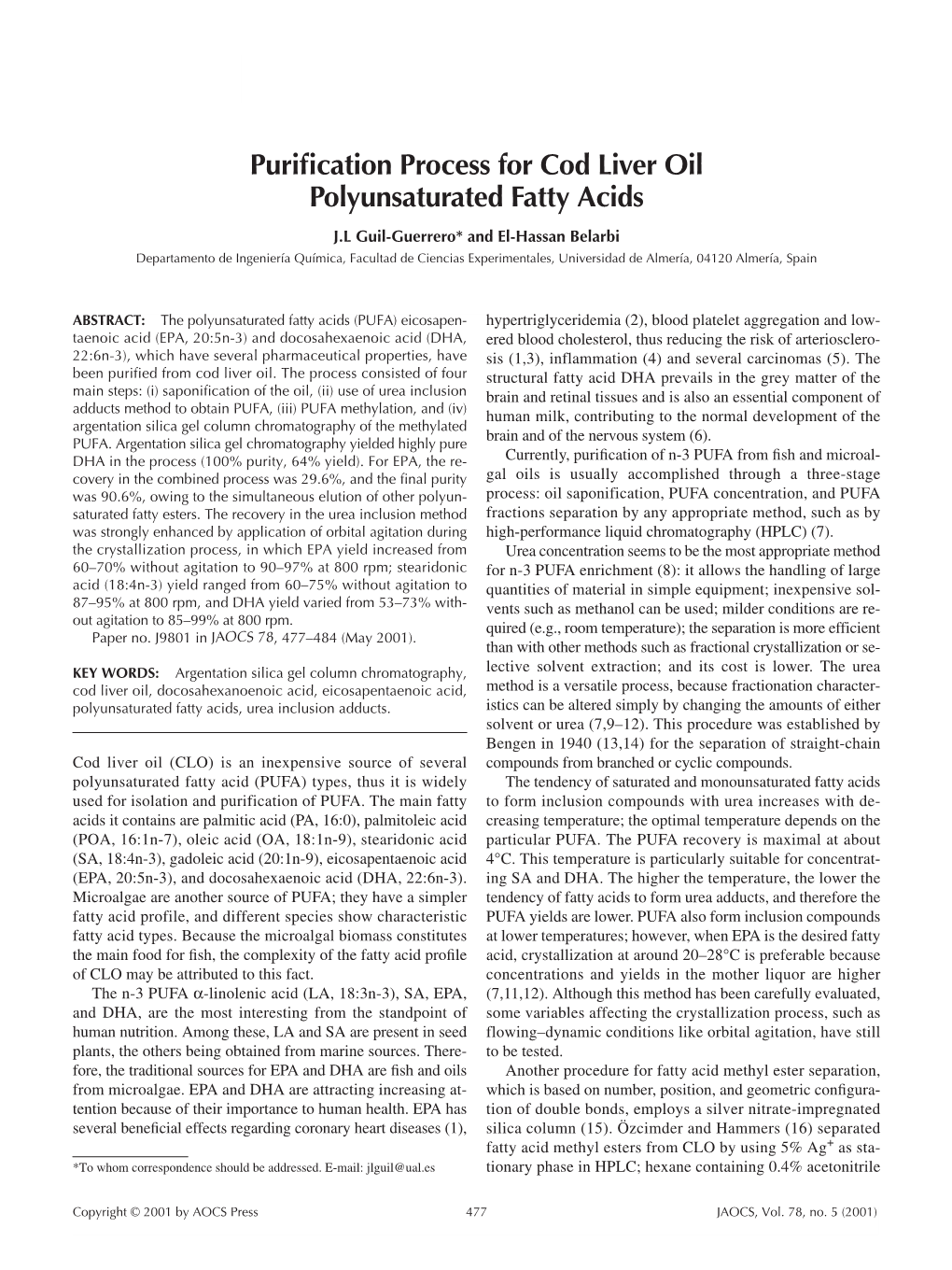 Purification Process for Cod Liver Oil Polyunsaturated Fatty Acids