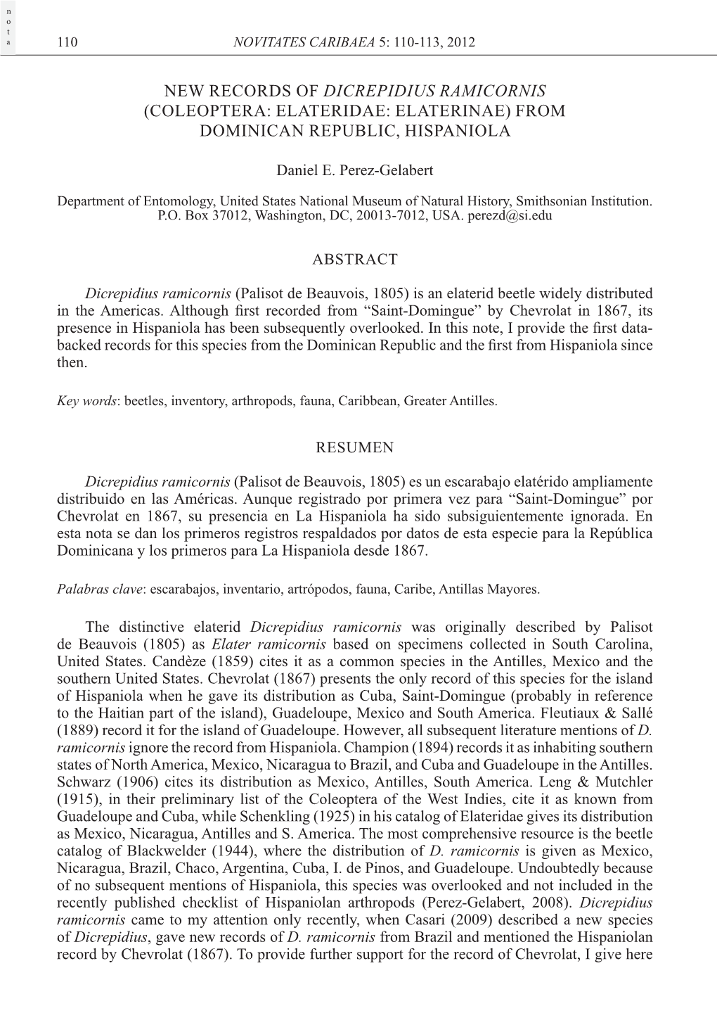 New Records of Dicrepidius Ramicornis (Coleoptera: Elateridae: Elaterinae) from Dominican Republic, Hispaniola