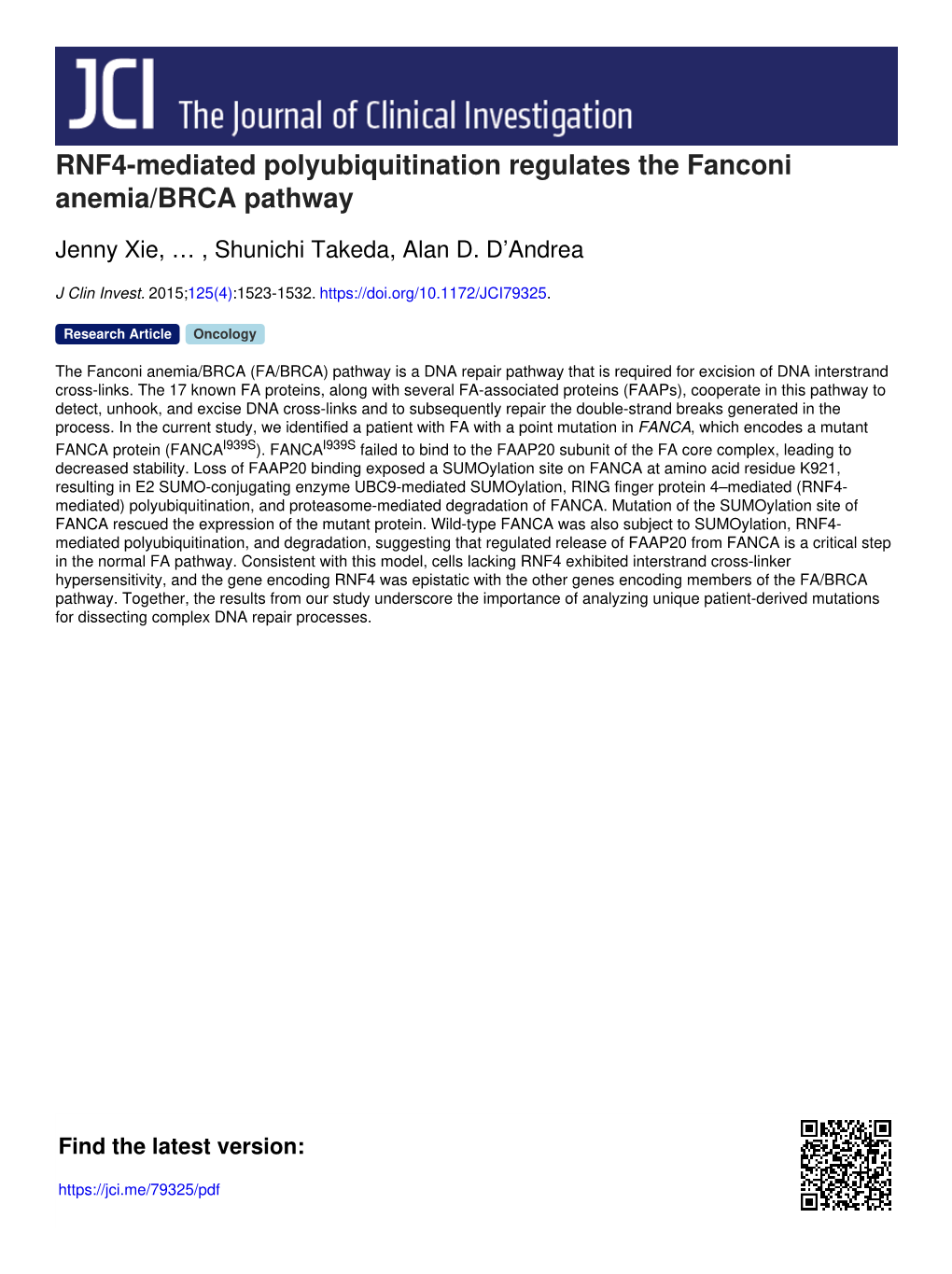 RNF4-Mediated Polyubiquitination Regulates the Fanconi Anemia/BRCA Pathway