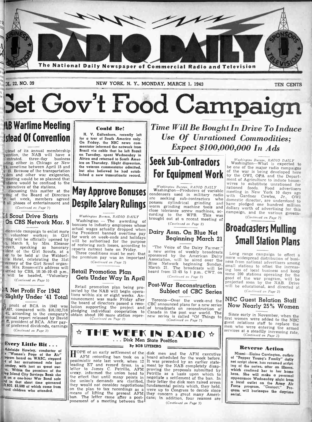 MARCH 1, 1943 TEN CENTS ;Yet Gov't Food Campaign IIB Wartime Meeting Could Be: Time Will Be Bought in Drive to Induce H
