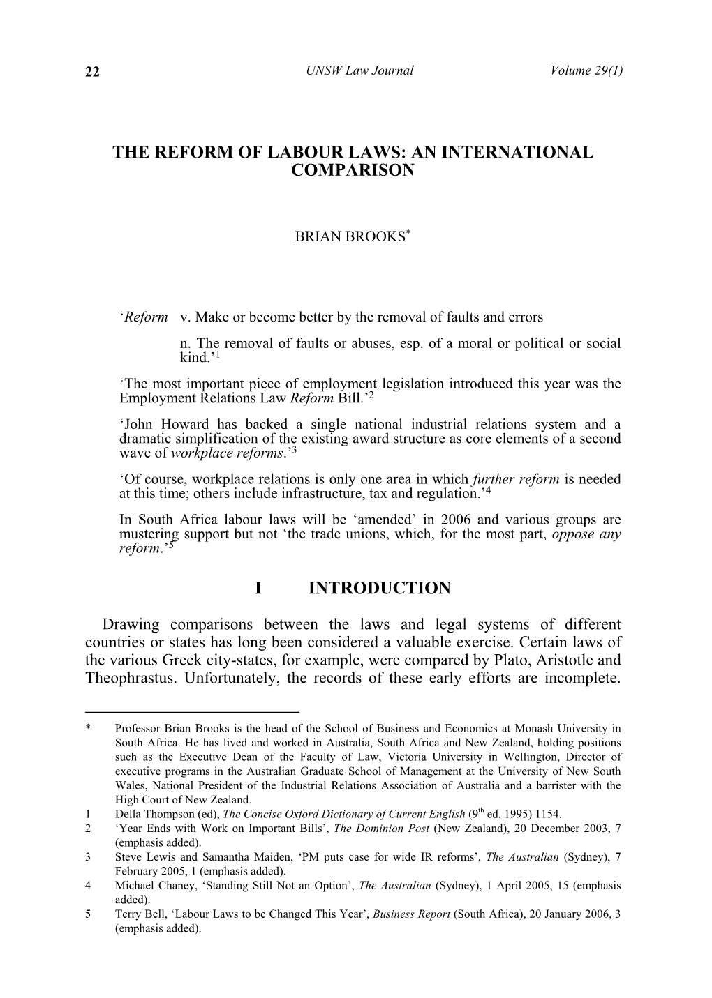 The Reform of Labour Laws: an International Comparison