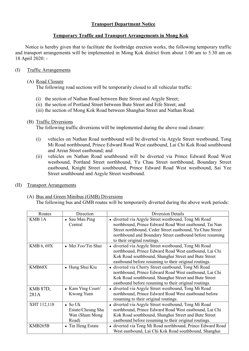 Transport Department Notice Temporary Traffic and Transport