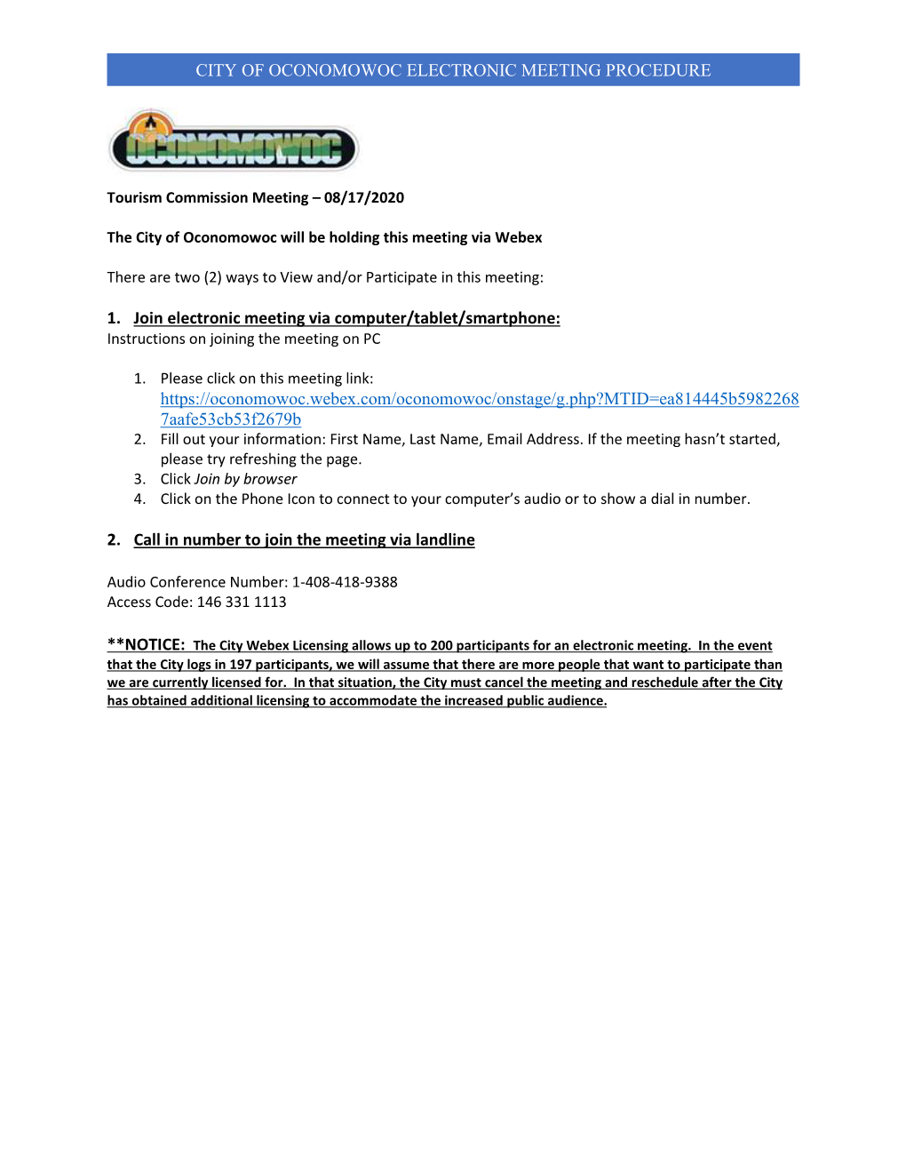 City of Oconomowoc Electronic Meeting Procedure