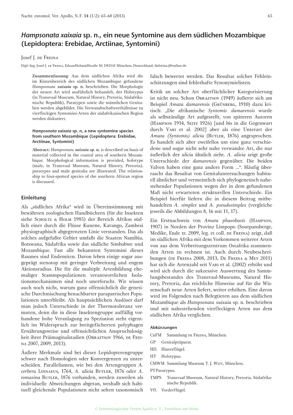 Hampsonata Xaixaia Sp. N., Ein Neue Syntomine Aus Dem Südlichen Mozambique (Lepidoptera: Erebidae, Arctiinae, Syntomini)