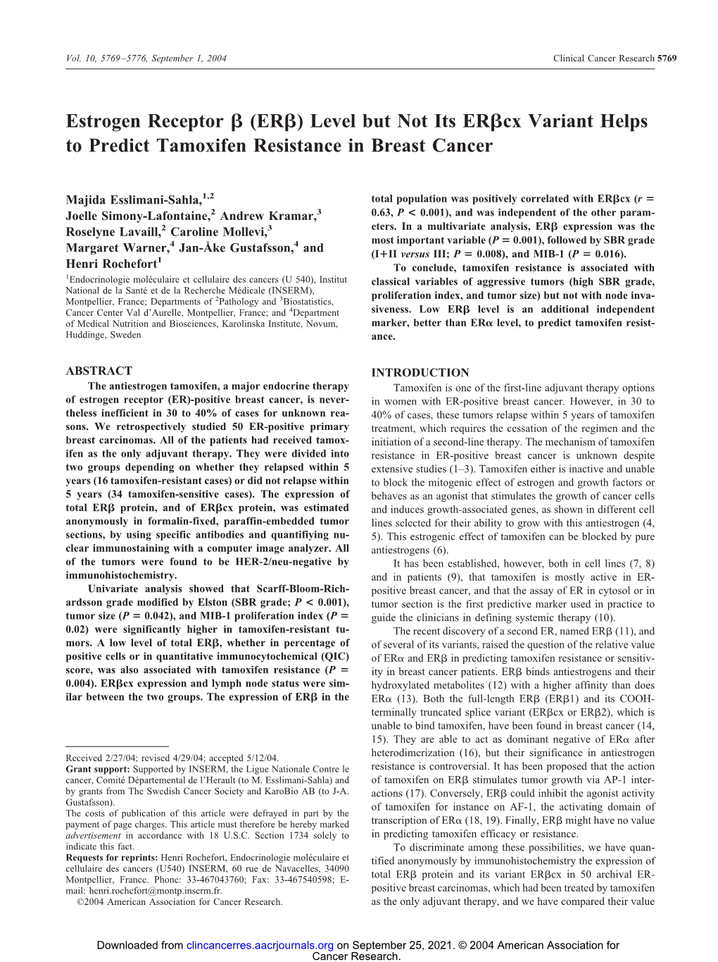 Estrogen Receptor (ER ) Level but Not Its ER Cx Variant Helps to Predict Tamoxifen Resistance in Breast Cancer