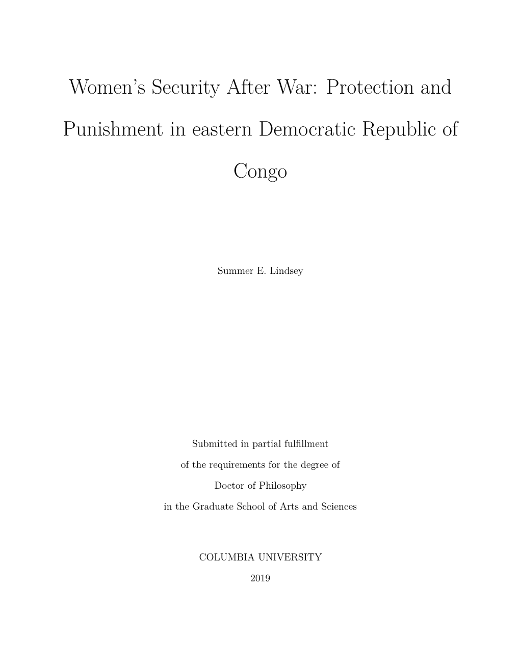 Women's Security After War: Protection and Punishment in Eastern Democratic Republic of Congo