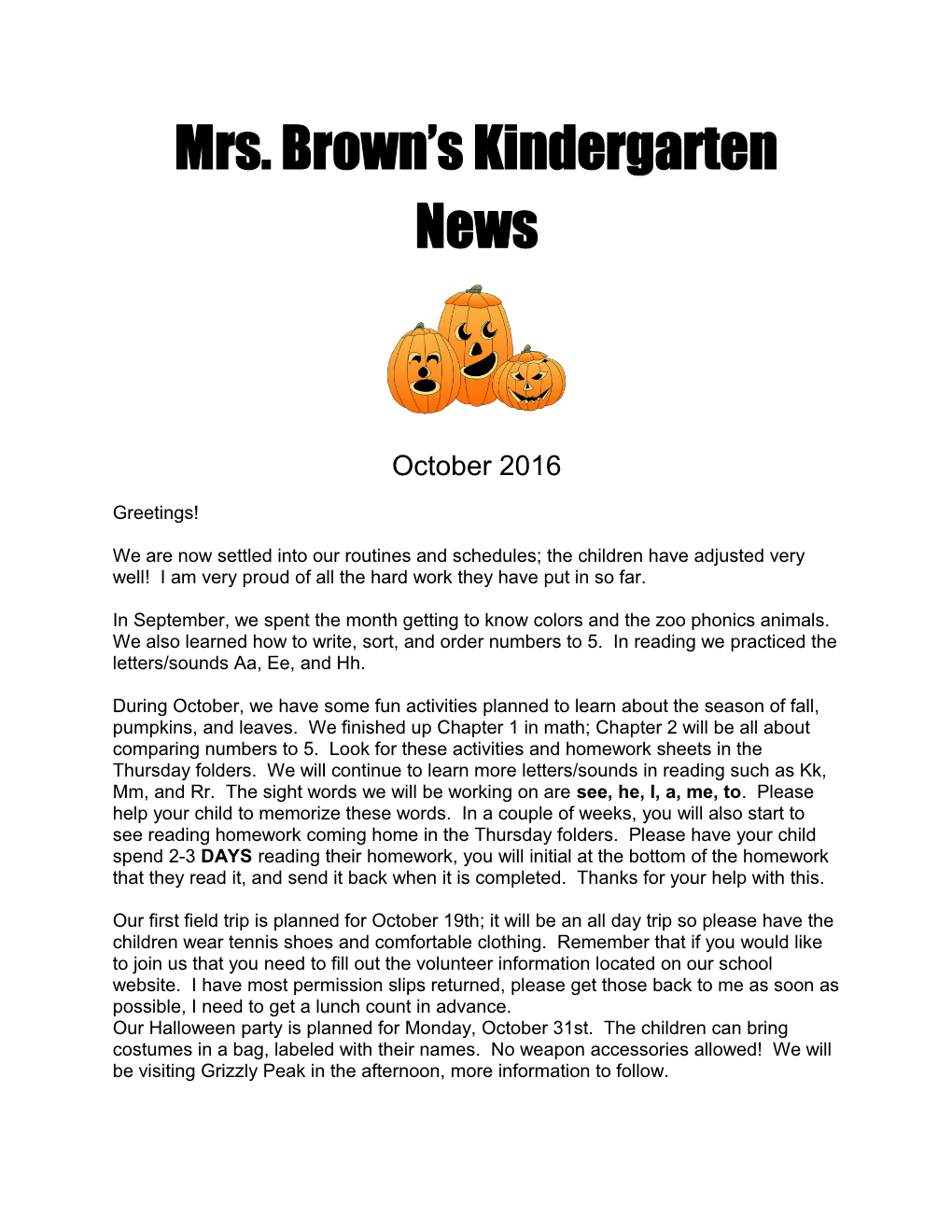 Mrs. Brown S Kindergarten News