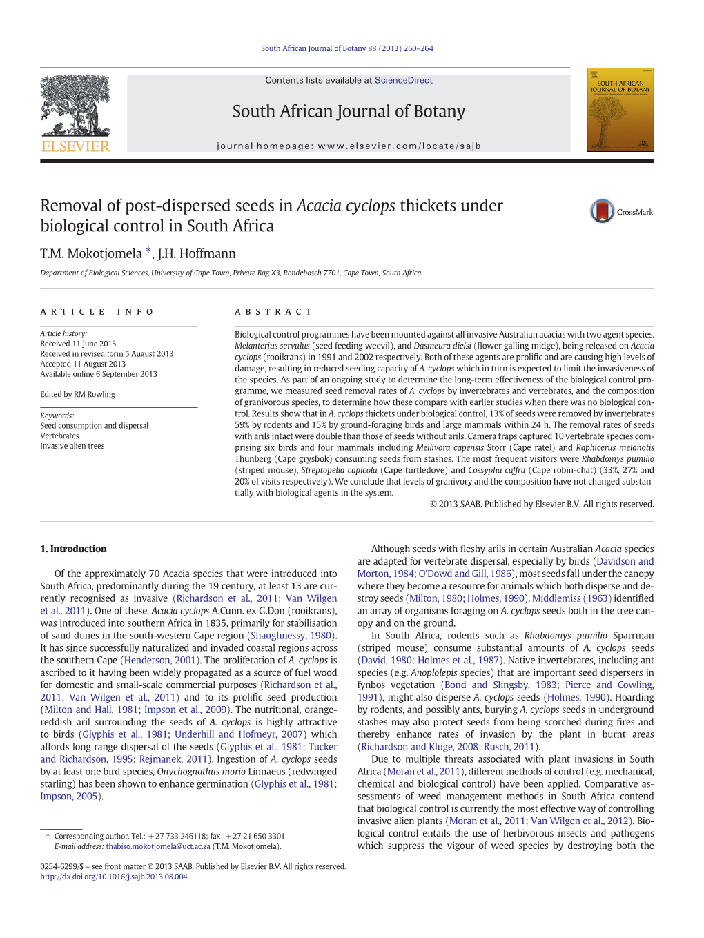 Removal of Post-Dispersed Seeds in Acacia Cyclops Thickets Under Biological Control in South Africa