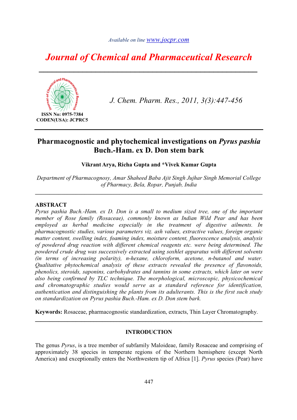 Pharmacognostic and Phytochemical Investigations on Pyrus Pashia Buch.-Ham
