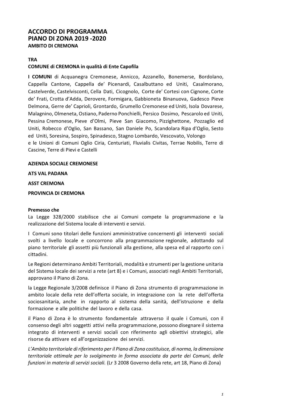 Accordo Di Programma Piano Di Zona 2019 -2020 Ambito Di Cremona