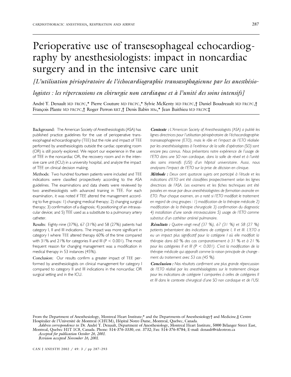 Perioperative Use of Transesophageal Echocardiography By