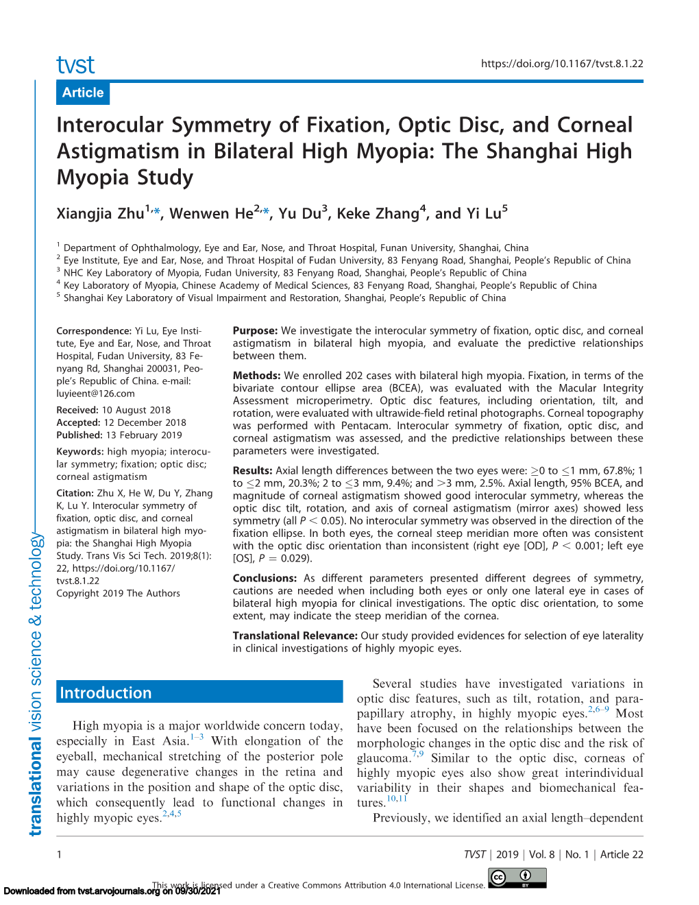 Interocular Symmetry of Fixation, Optic Disc, and Corneal Astigmatism in Bilateral High Myopia: the Shanghai High Myopia Study