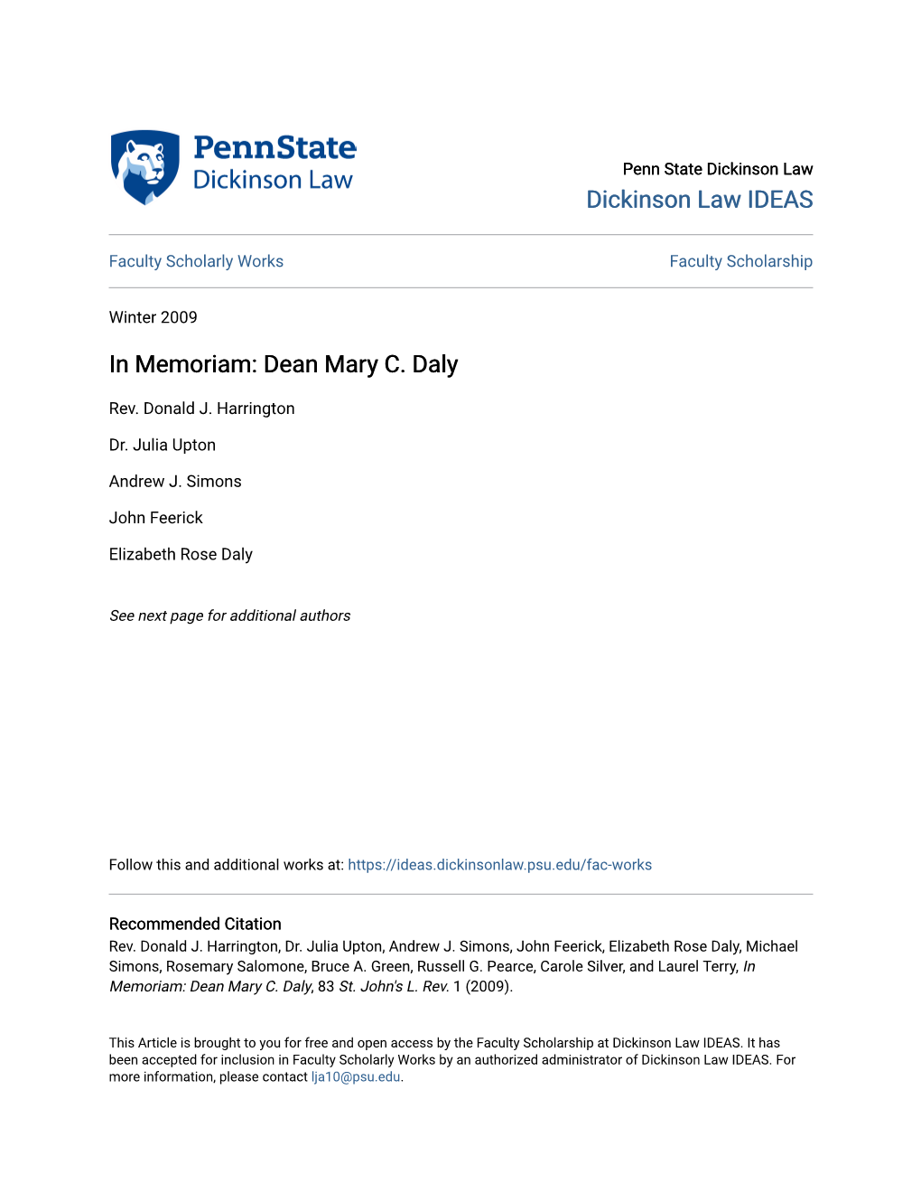 In Memoriam: Dean Mary C. Daly