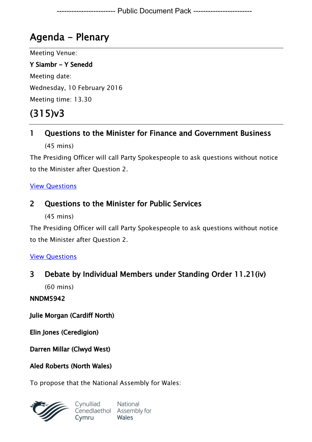 (Public Pack)Agenda Document for Plenary, 10/02/2016 13:30