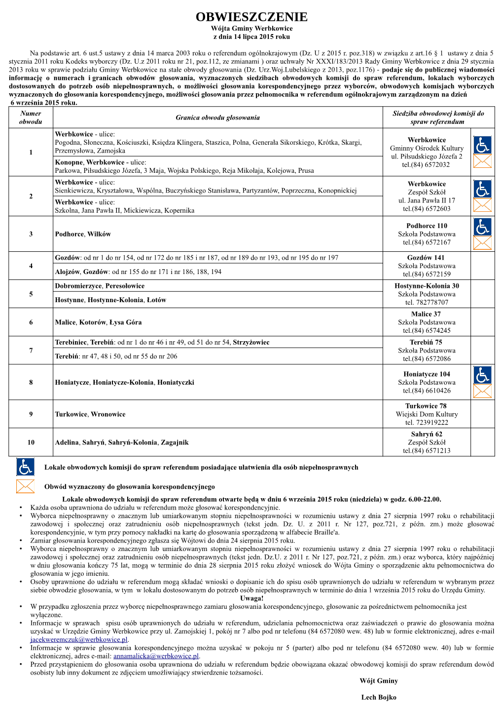 OBWIESZCZENIE Wójta Gminy Werbkowice Z Dnia 14 Lipca 2015 Roku
