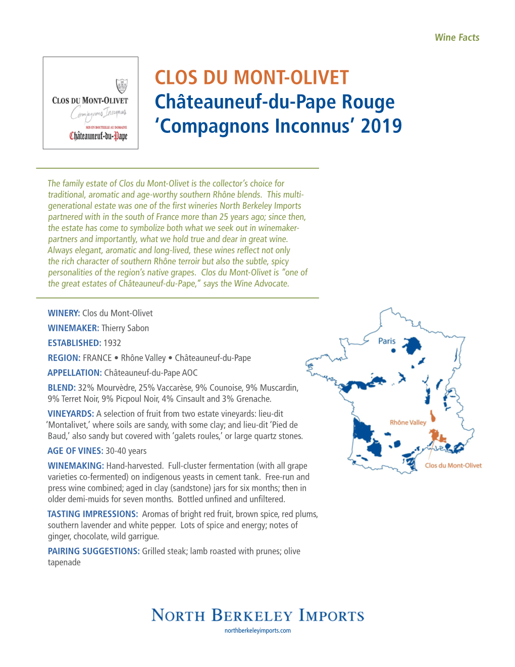 CLOS DU MONT-OLIVET Châteauneuf-Du-Pape Rouge ‘Compagnons Inconnus’ 2019
