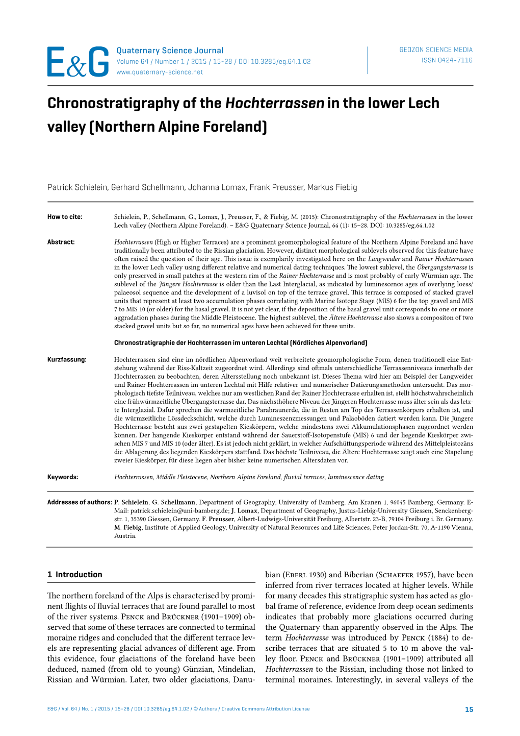 Chronostratigraphy of the Hochterrassen in the Lower Lech Valley (Northern Alpine Foreland)