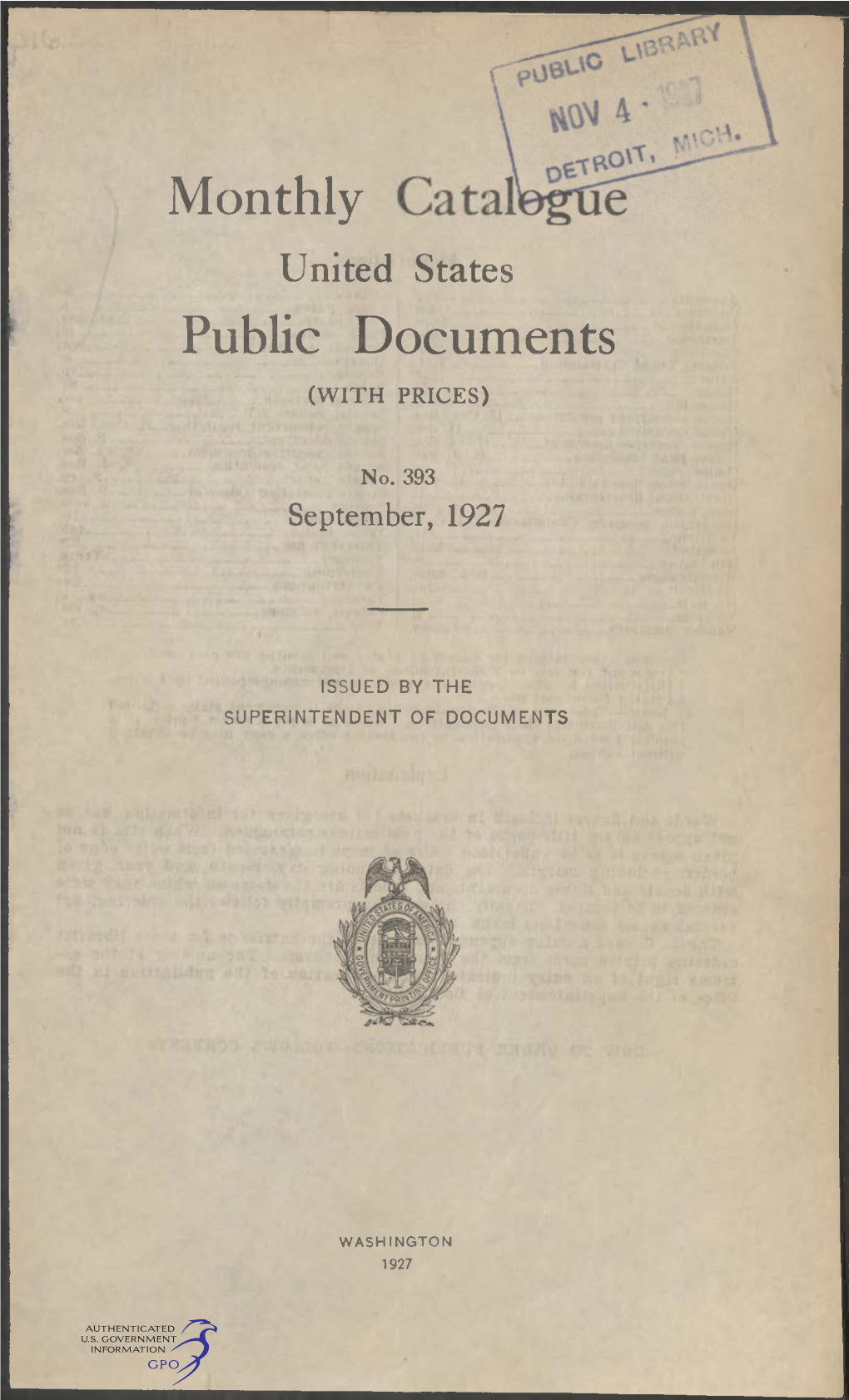 Monthly Catalogue, United States Public Documents, September 1927