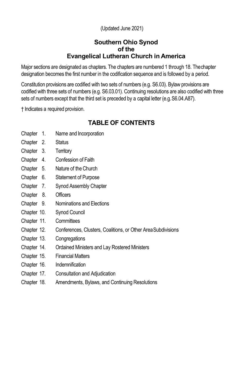 Southern Ohio Synod of the Evangelical Lutheran Church in America Major Sections Are Designated As Chapters