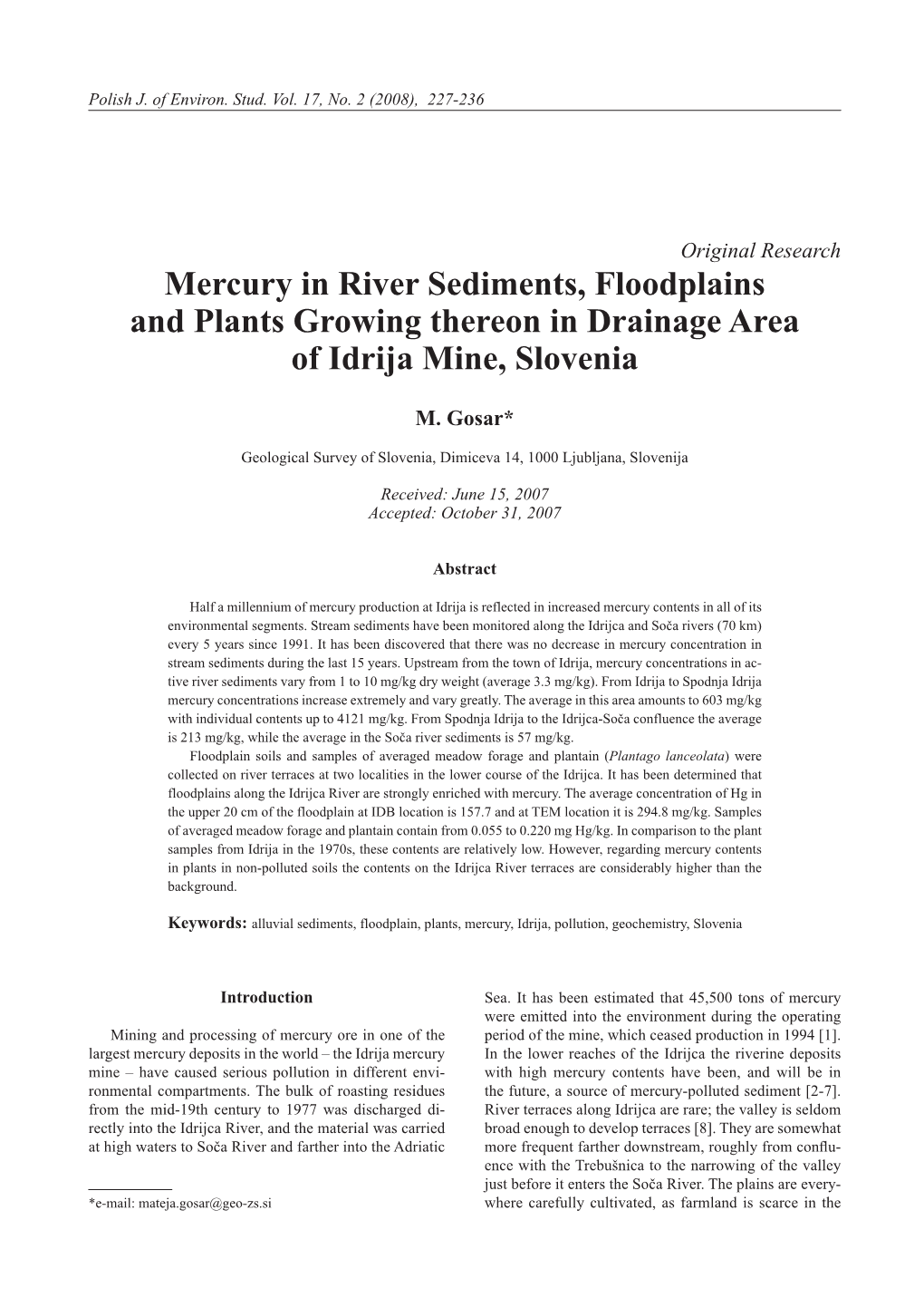 Mercury in River Sediments, Floodplains and Plants Growing Thereon in Drainage Area of Idrija Mine, Slovenia