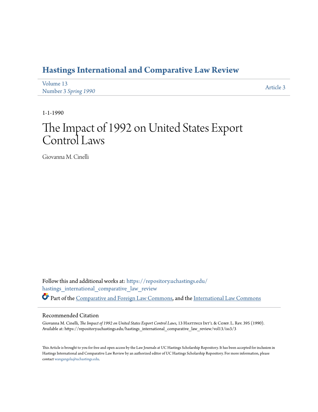 The Impact of 1992 on United States Export Control Laws, 13 Hastings Int'l & Comp