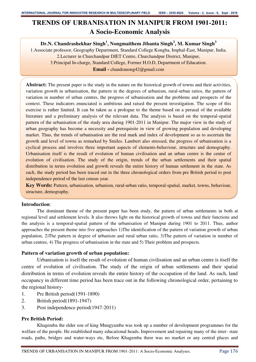 TRENDS of URBANISATION in MANIPUR from 1901-2011: a Socio-Economic Analysis