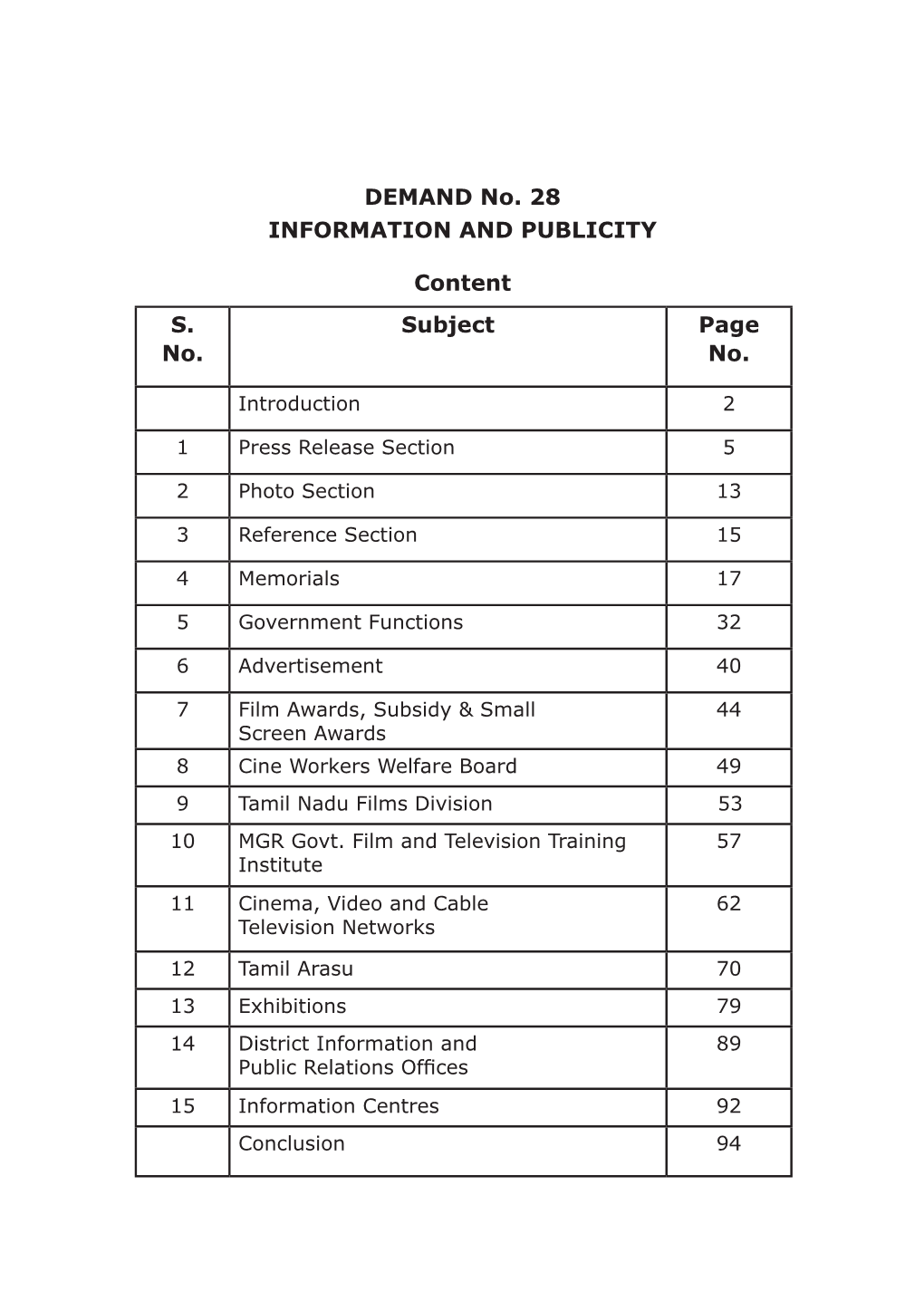 DEMAND No. 28 INFORMATION and PUBLICITY Content S. No. Subject