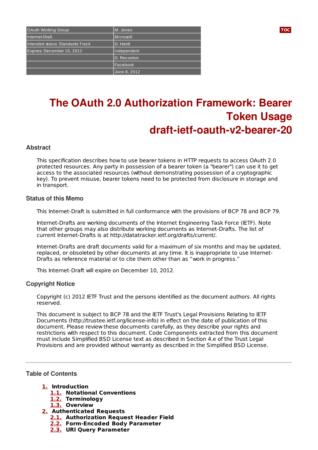 The Oauth 2.0 Authorization Framework: Bearer Token Usage Draft-Ietf-Oauth-V2-Bearer-20