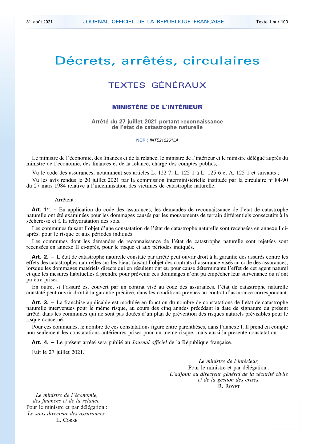 JOURNAL OFFICIEL DE LA RÉPUBLIQUE FRANÇAISE Texte 1 Sur 100