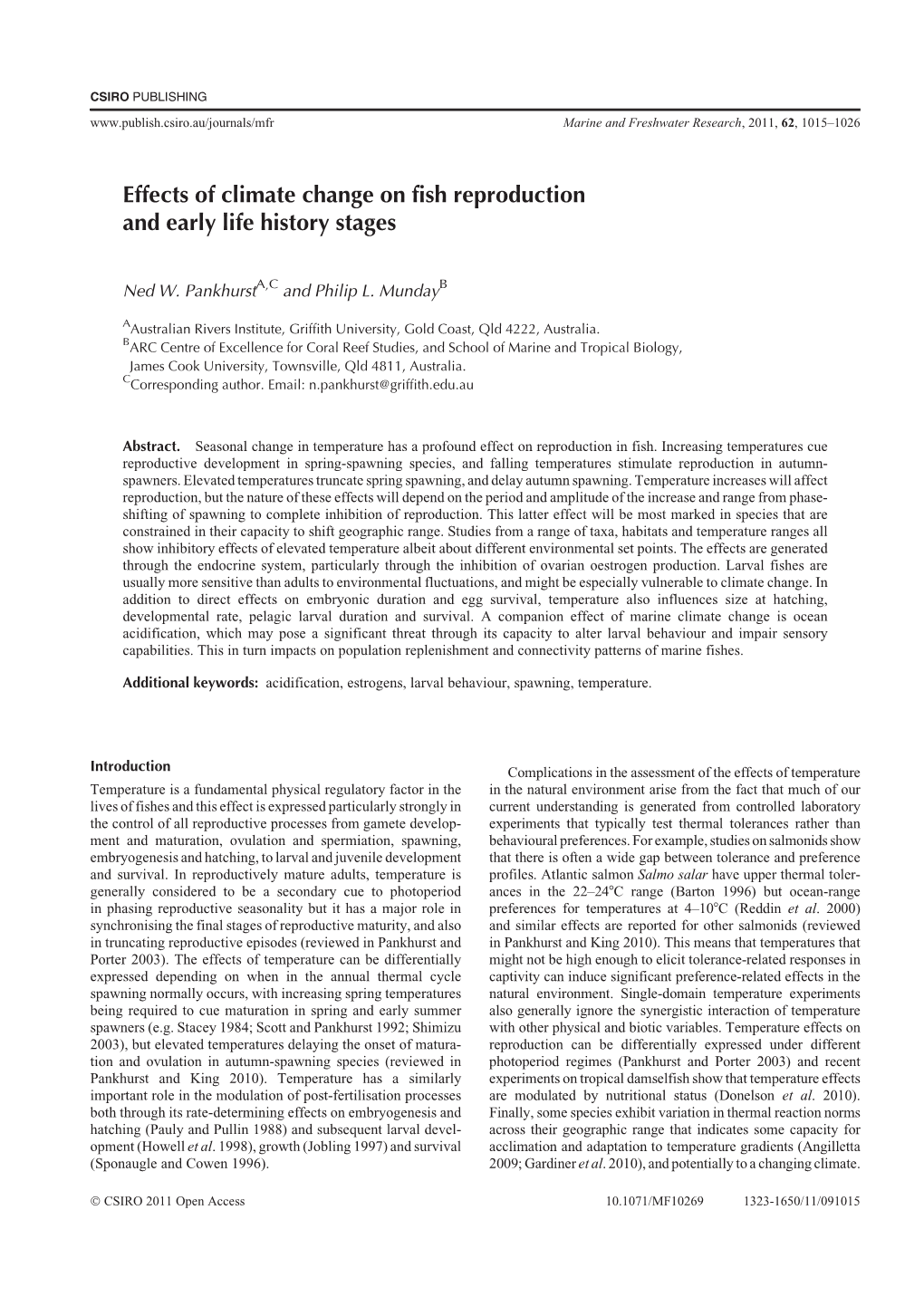 Effects of Climate Change on Fish Reproduction and Early Life History Stages