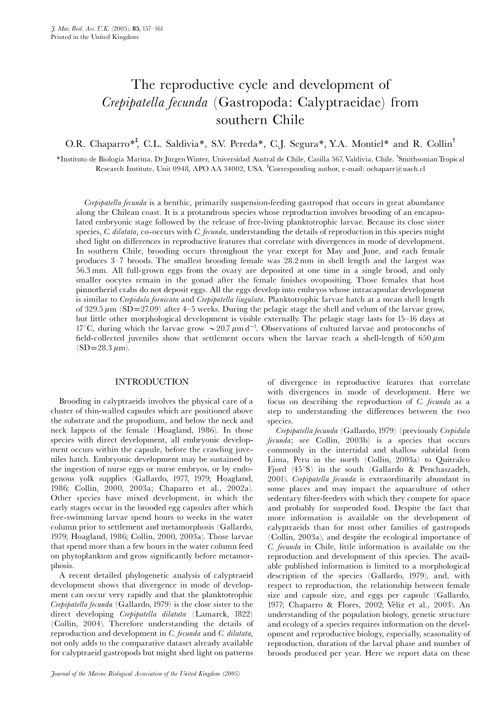 The Reproductive Cycle and Development of Crepipatella Fecunda (Gastropoda: Calyptraeidae) from Southern Chile