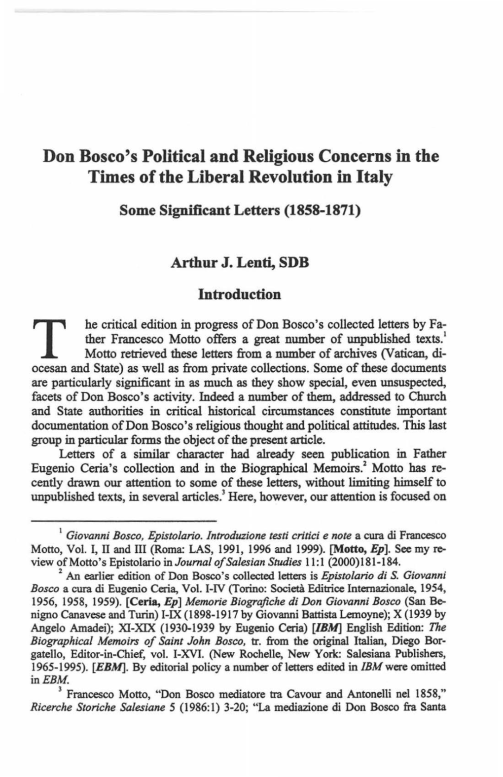 Don Bosco's Political and Religious Concerns in the Times of the Liberal Revolution in Italy