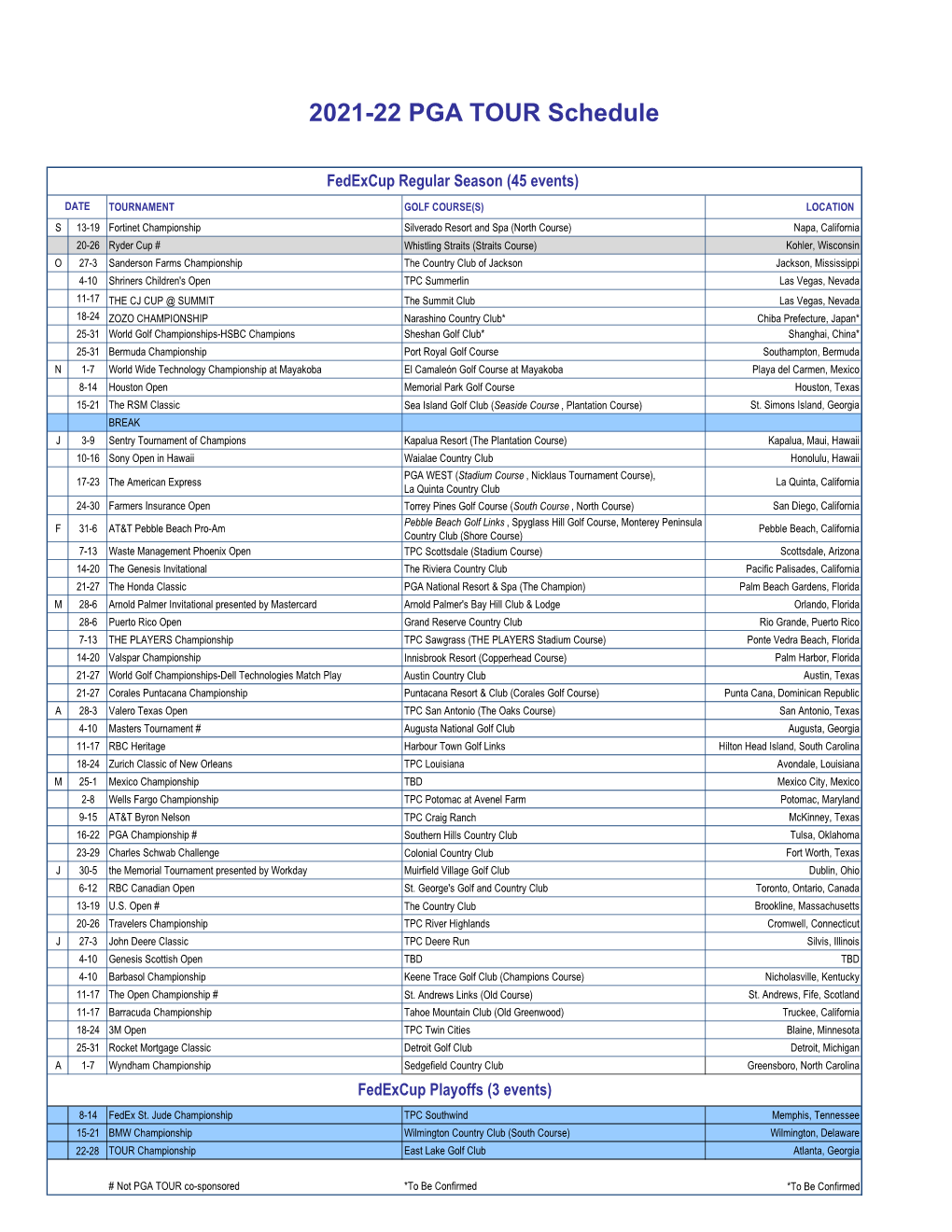 To Print the 2021-22 PGA TOUR Schedule