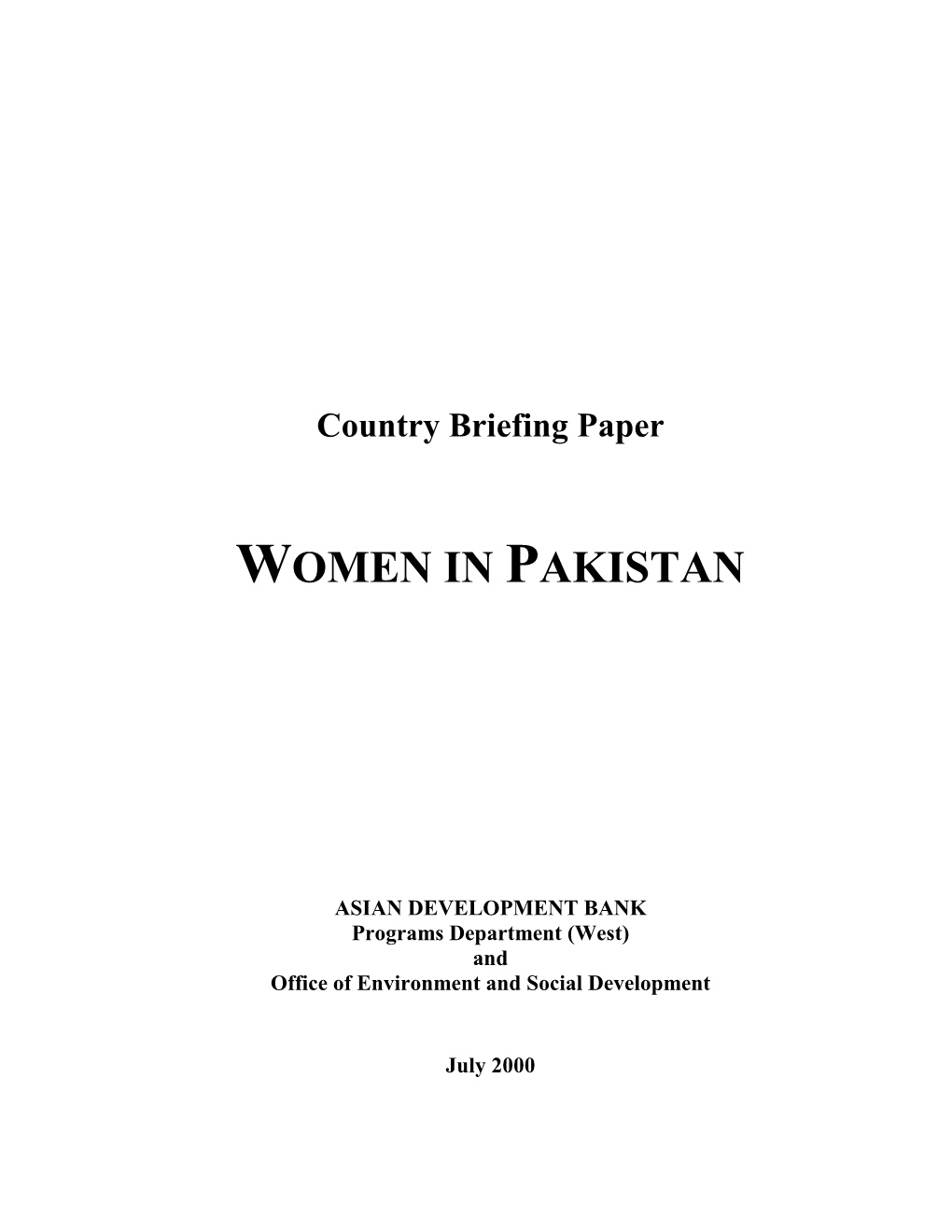 Women in Pakistan: Country Briefing Paper