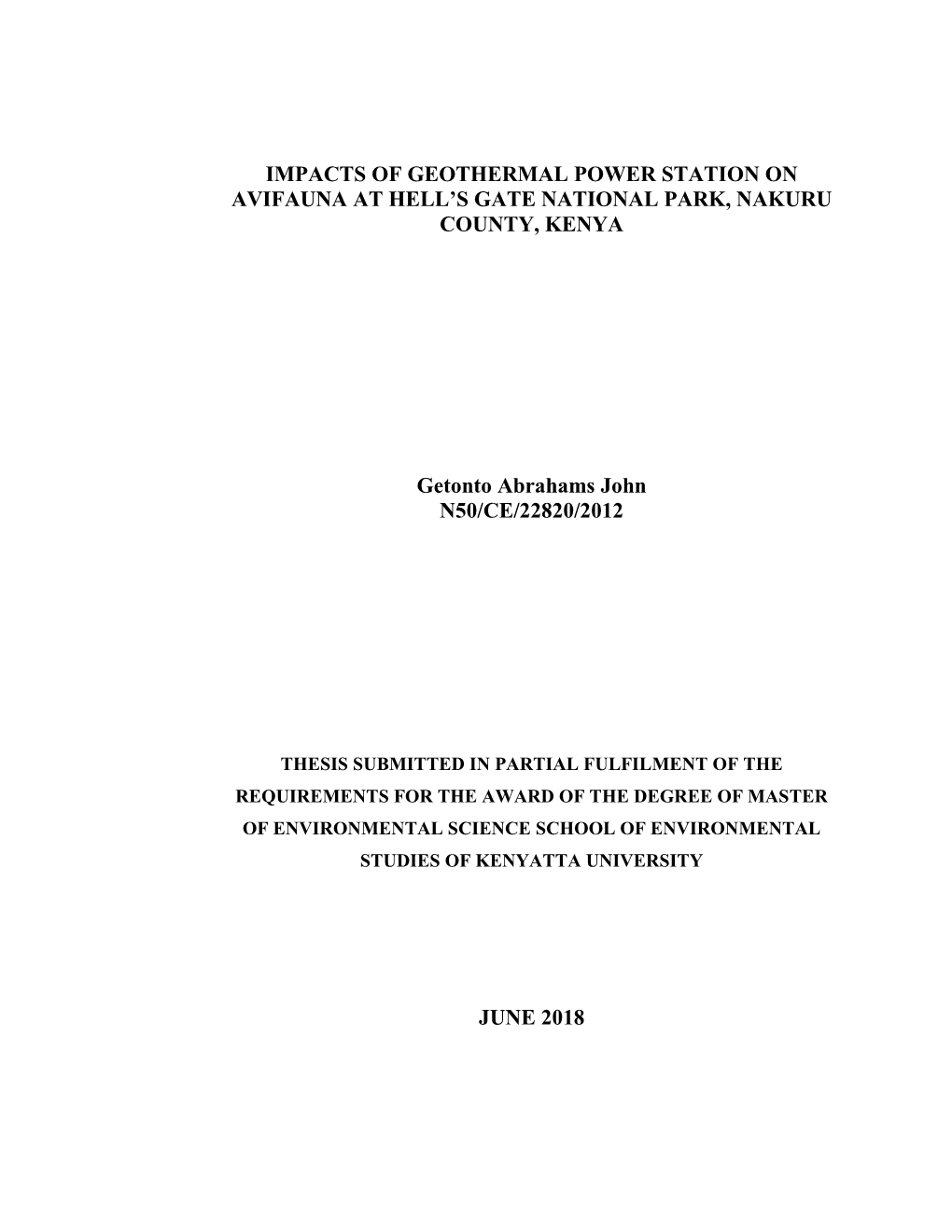 Impacts of Geothermal Power Station on Avifauna at Hell’S Gate National Park, Nakuru County, Kenya