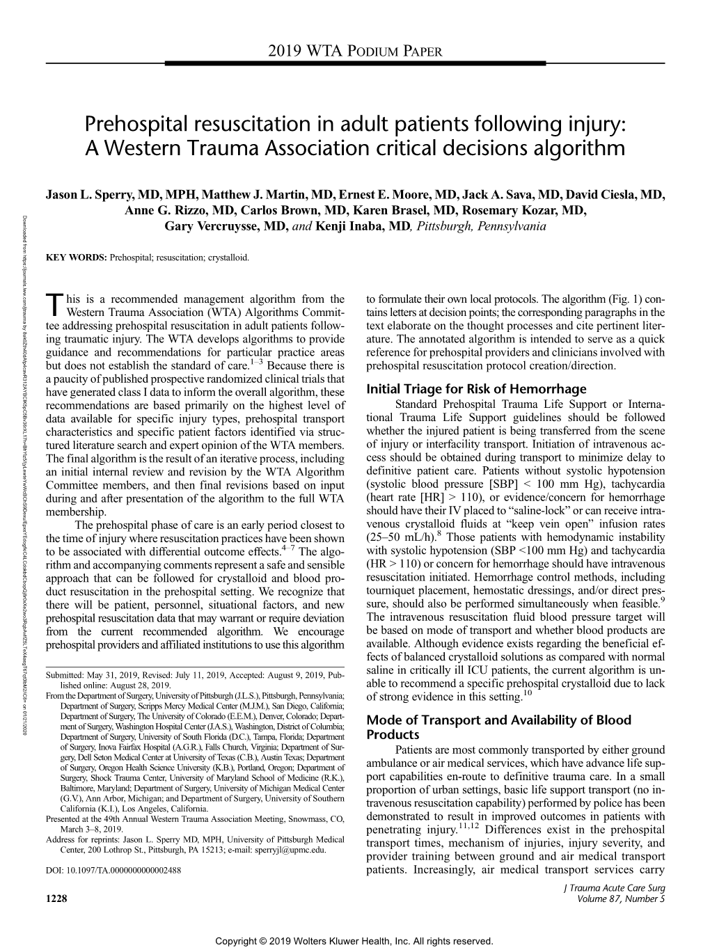 Prehospital Resuscitation in Adult Patients Following Injury: a Western Trauma Association Critical Decisions Algorithm