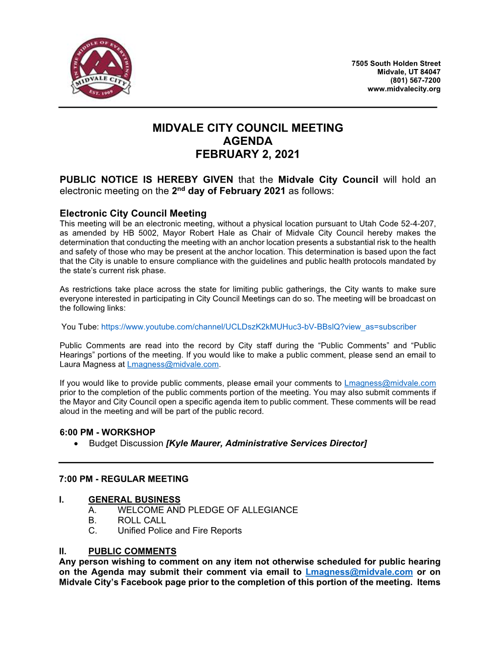 Midvale City Council Meeting Agenda February 2, 2021