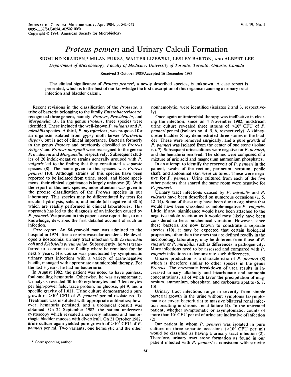 Proteus Penneri and Urinary Calculi Formation