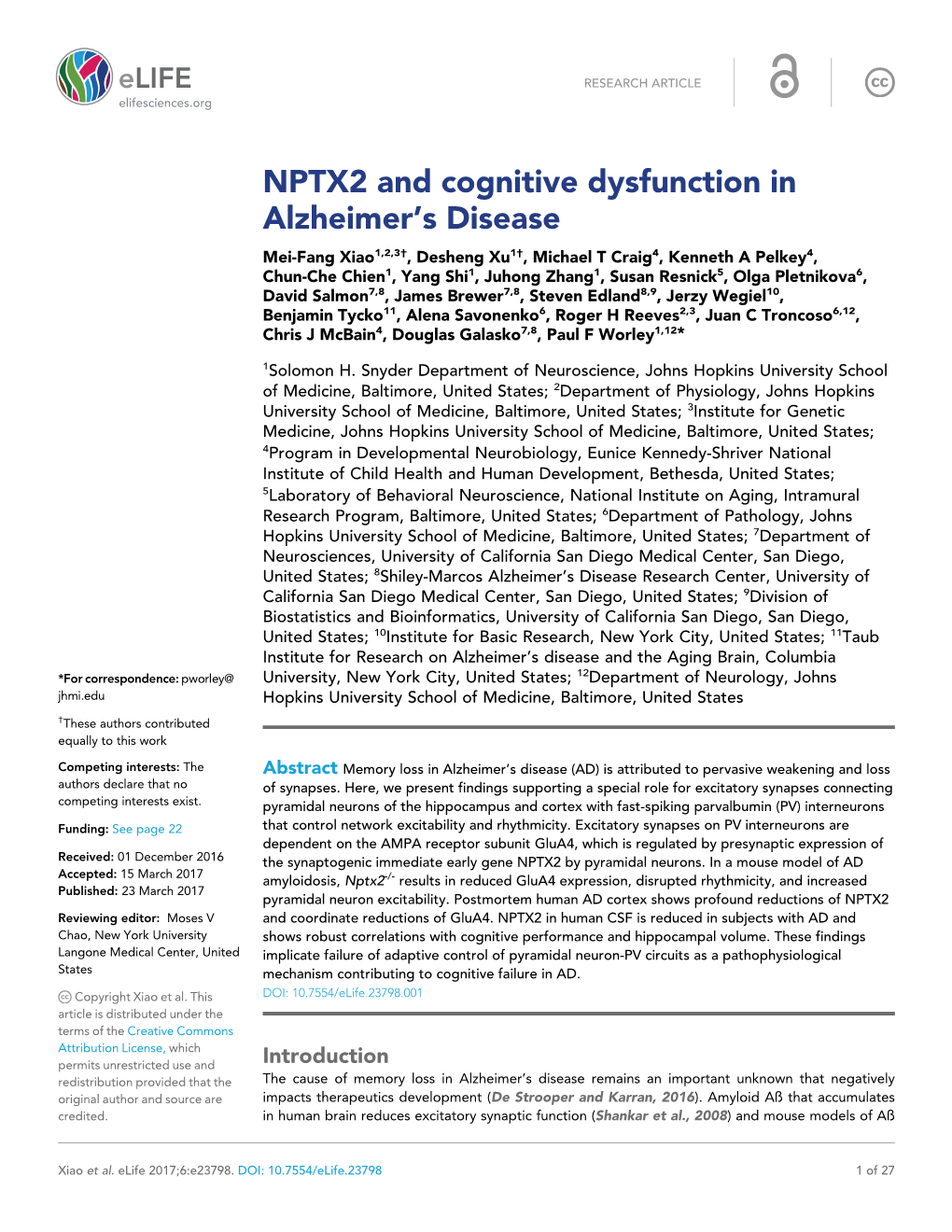 NPTX2 and Cognitive Dysfunction in Alzheimer's Disease