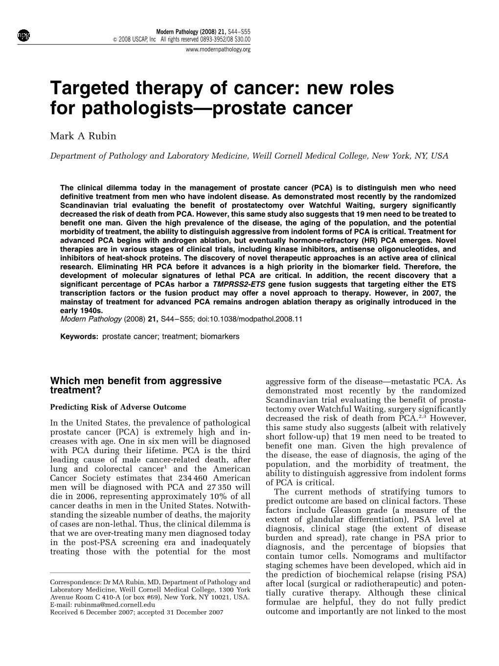 Targeted Therapy of Cancer: New Roles for Pathologists—Prostate Cancer