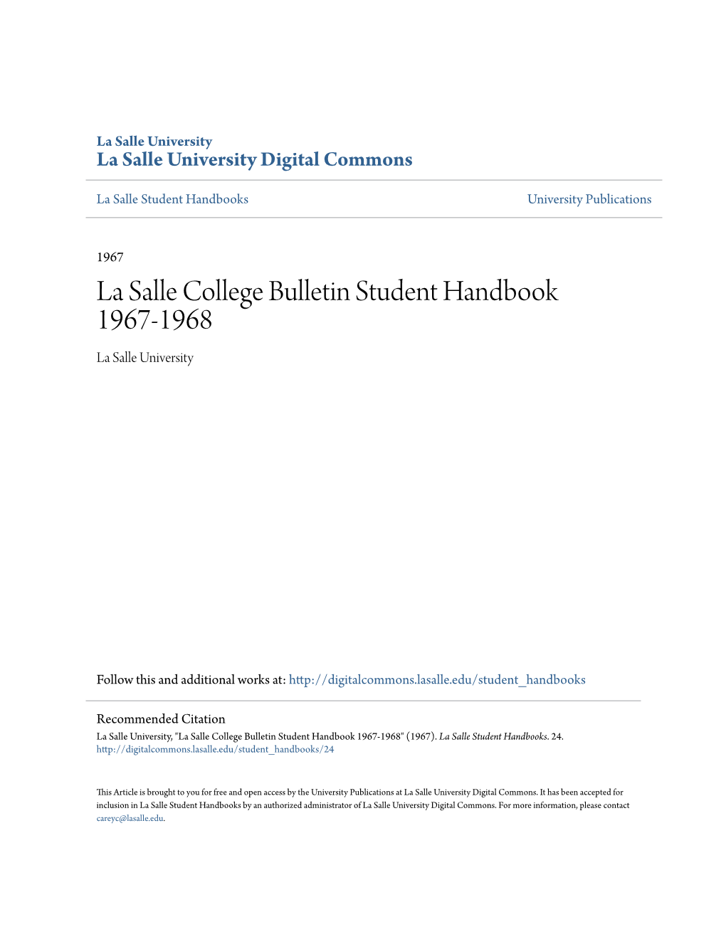 La Salle College Bulletin Student Handbook 1967-1968 La Salle University