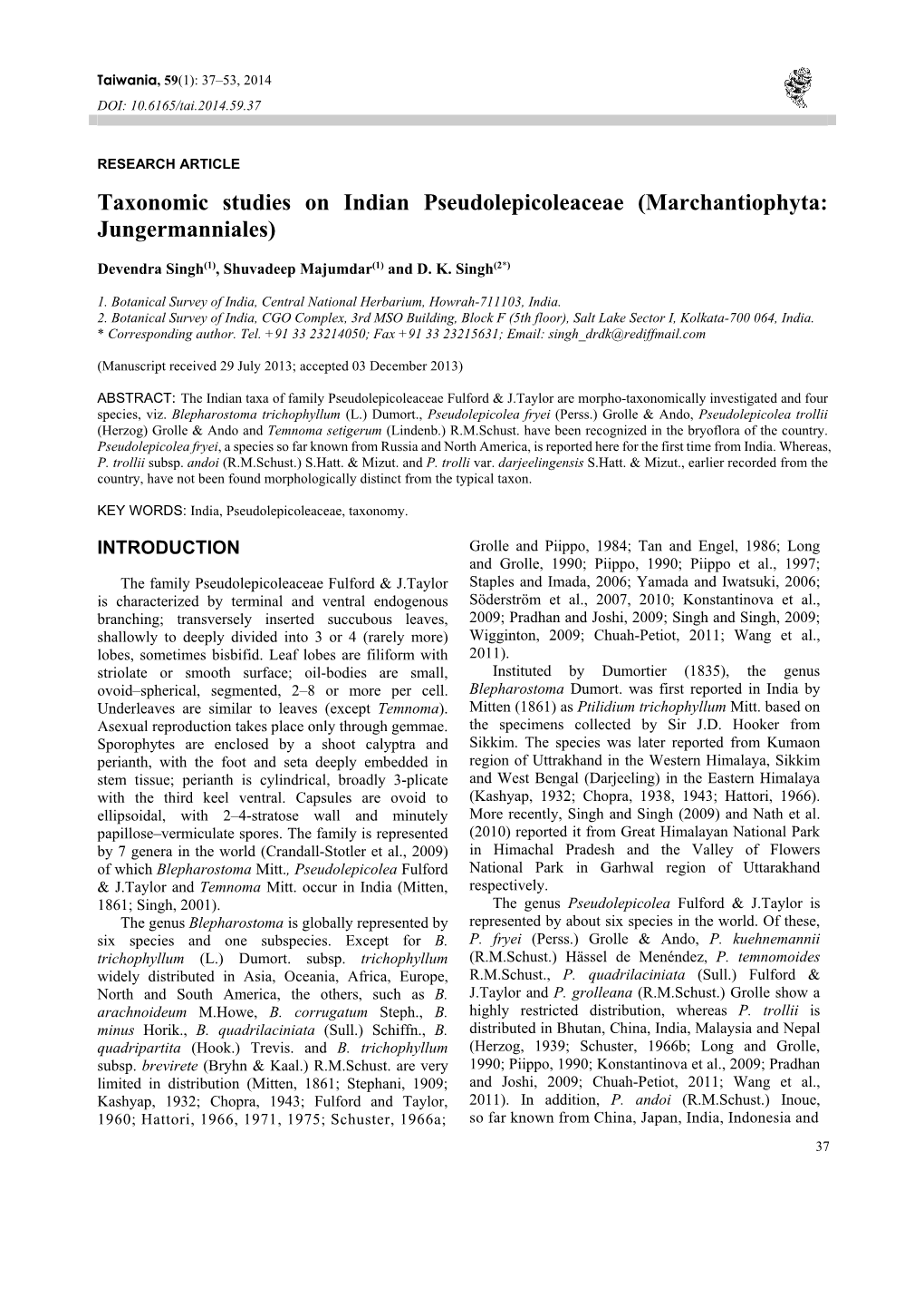 Taxonomic Studies on Indian Pseudolepicoleaceae (Marchantiophyta: Jungermanniales)