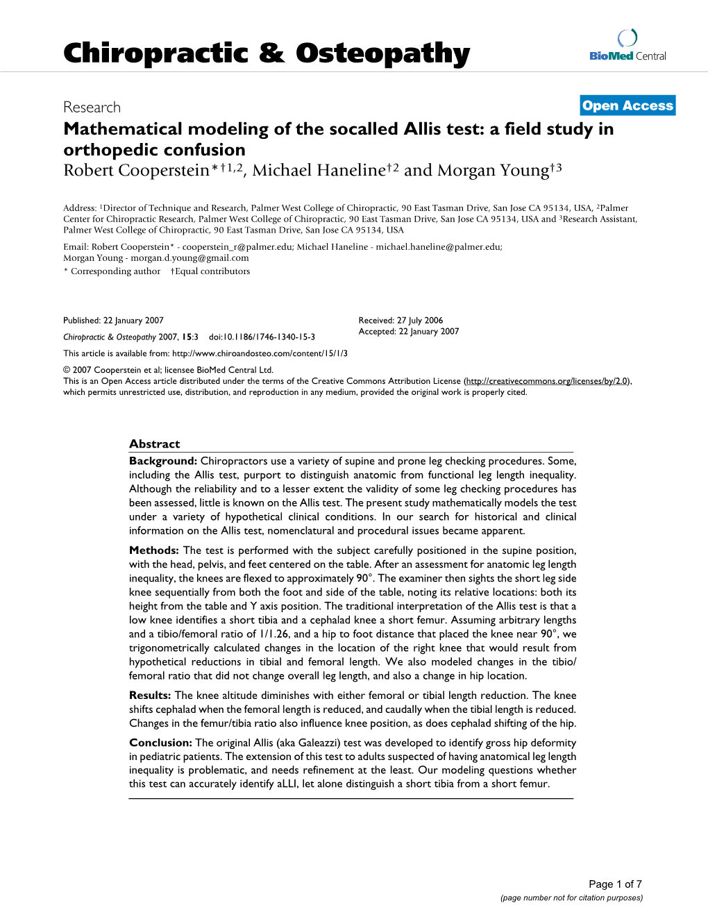 Mathematical Modeling of the Socalled Allis Test: a Field Study in Orthopedic Confusion Robert Cooperstein*†1,2, Michael Haneline†2 and Morgan Young†3