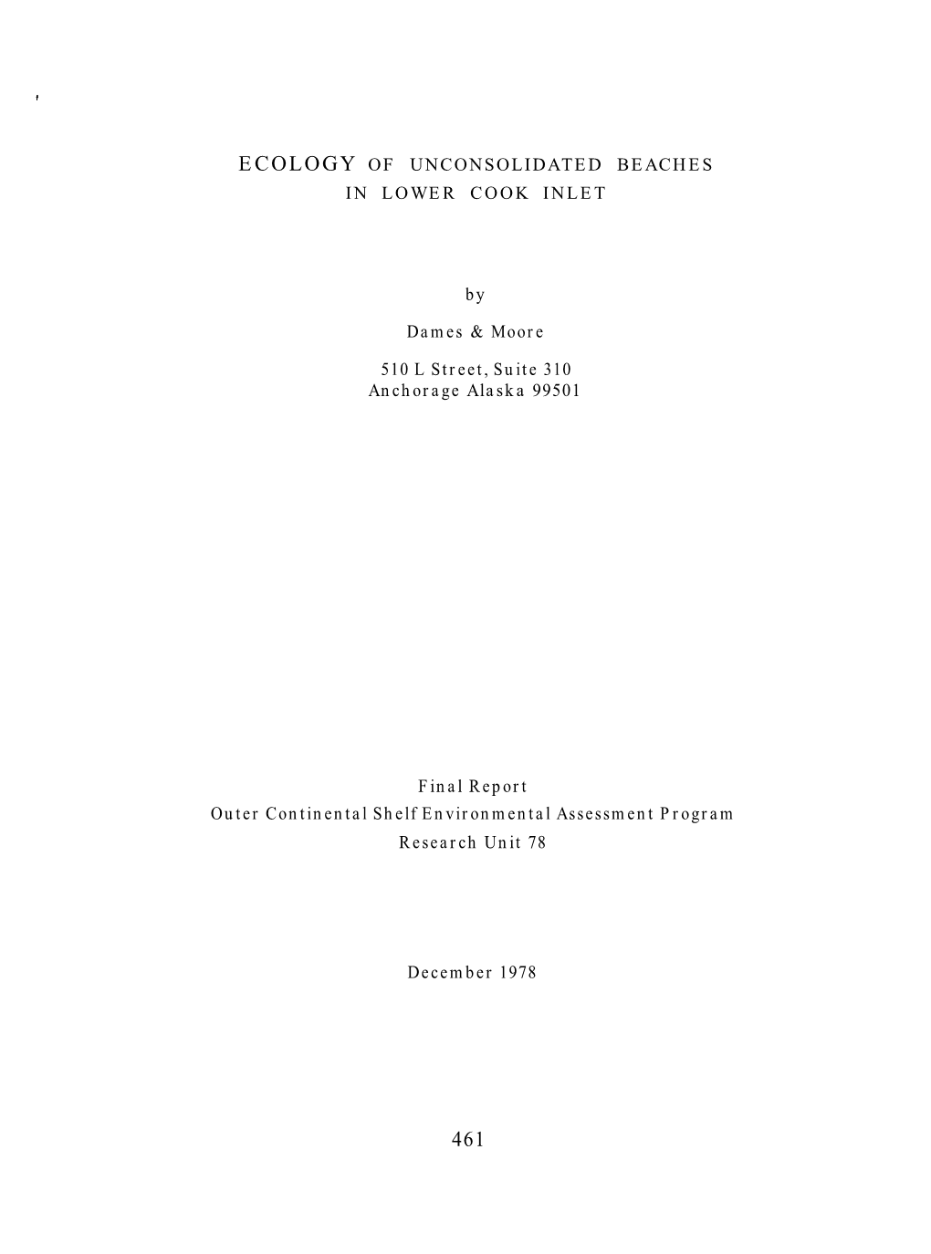 ECOLOGY of UNCONSOLIDATED BEACHES in LOWER COOK INLET by Dames & Moore 510 L Street, Suite 310 Anchorage Alaska 99501 Final