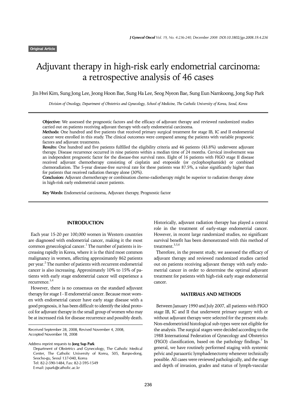 Adjuvant Therapy in High-Risk Early Endometrial Carcinoma: a Retrospective Analysis of 46 Cases