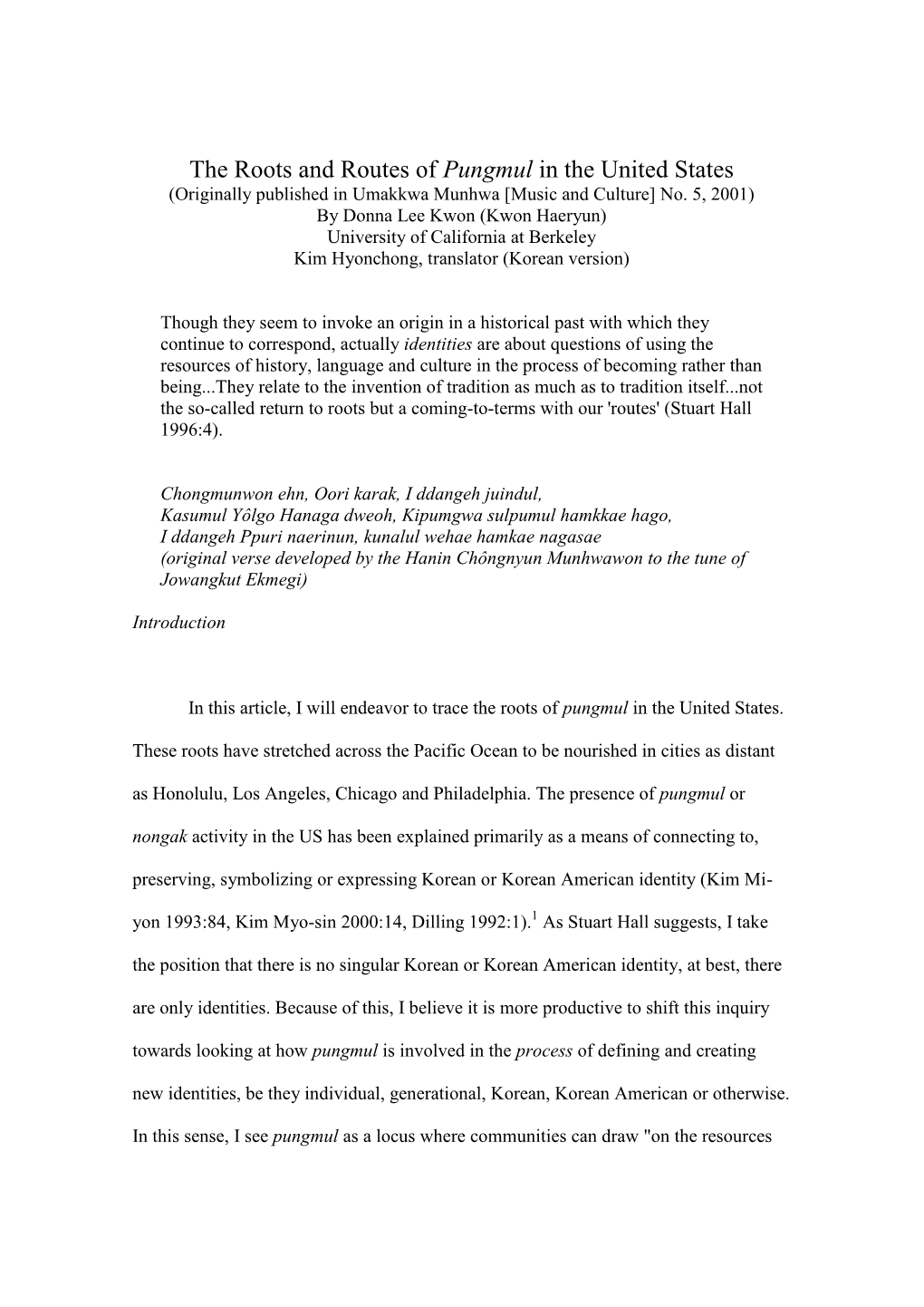 The Roots and Routes of Pungmul in the United States (Originally Published in Umakkwa Munhwa [Music and Culture] No