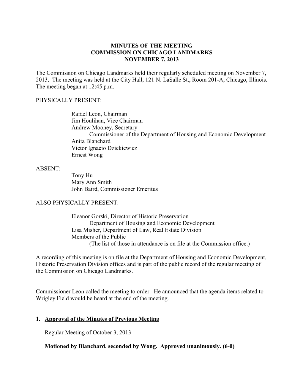 Minutes of the Meeting Commission on Chicago Landmarks November 7, 2013