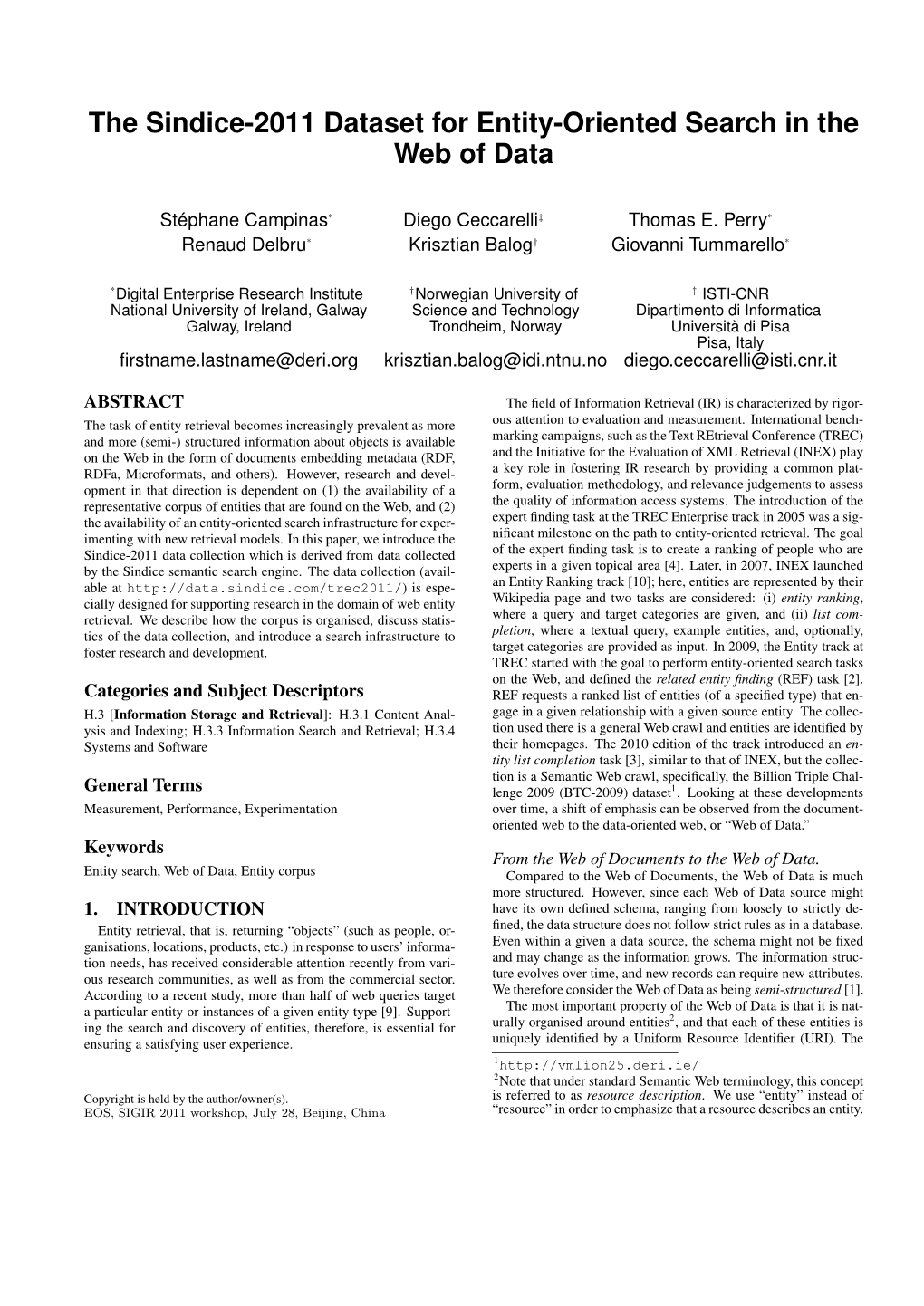 The Sindice-2011 Dataset for Entity-Oriented Search in the Web of Data