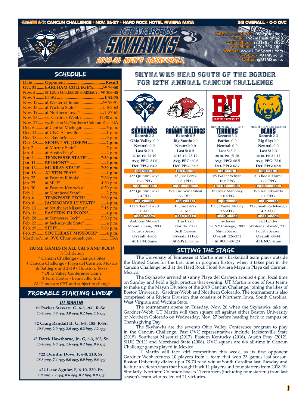 1 2019-20 Men's Basketball Schedule Skyhawks Runnin