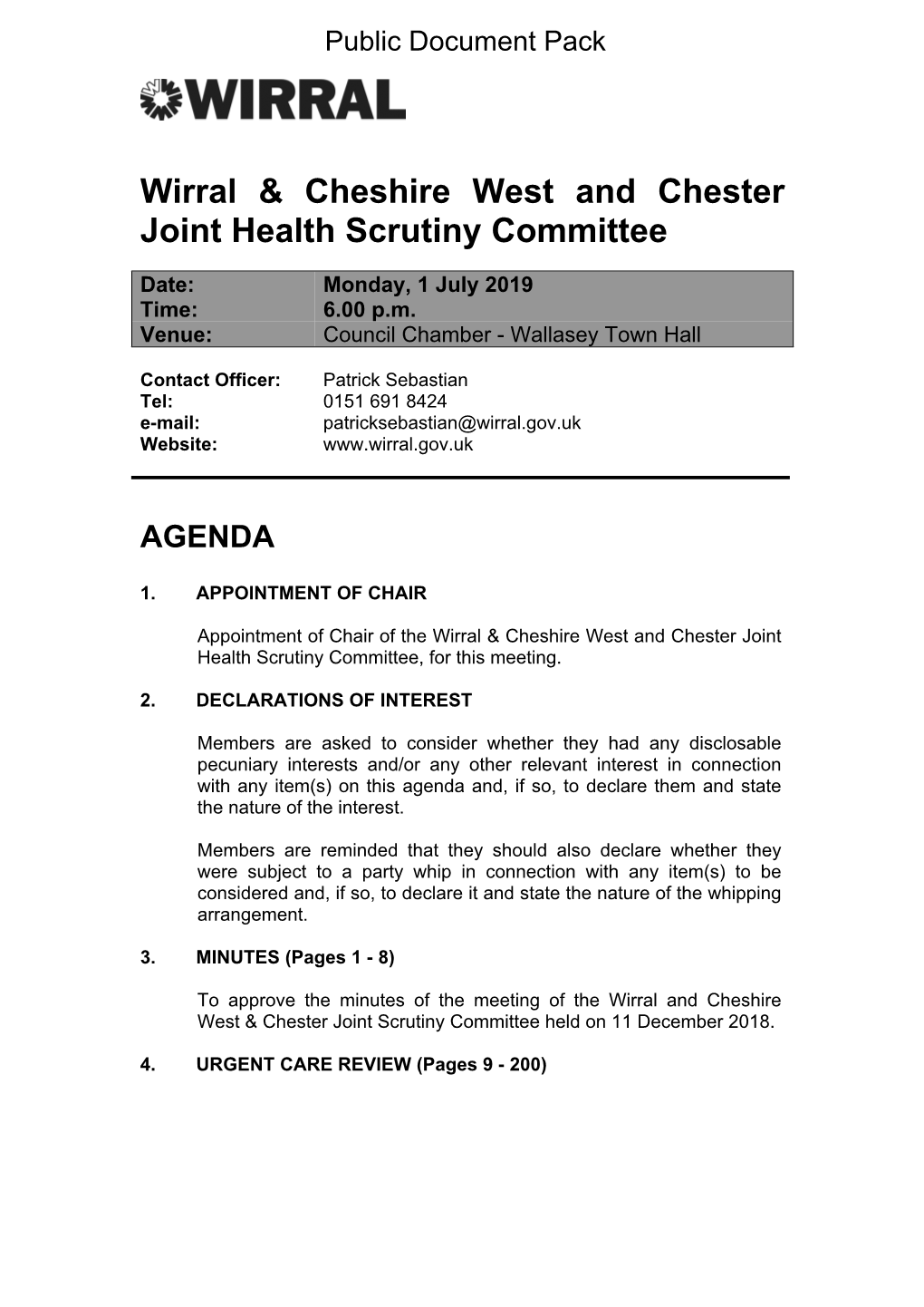 (Public Pack)Agenda Document for Wirral & Cheshire West and Chester Joint Health Scrutiny Committee, 01/07/2019 18:00